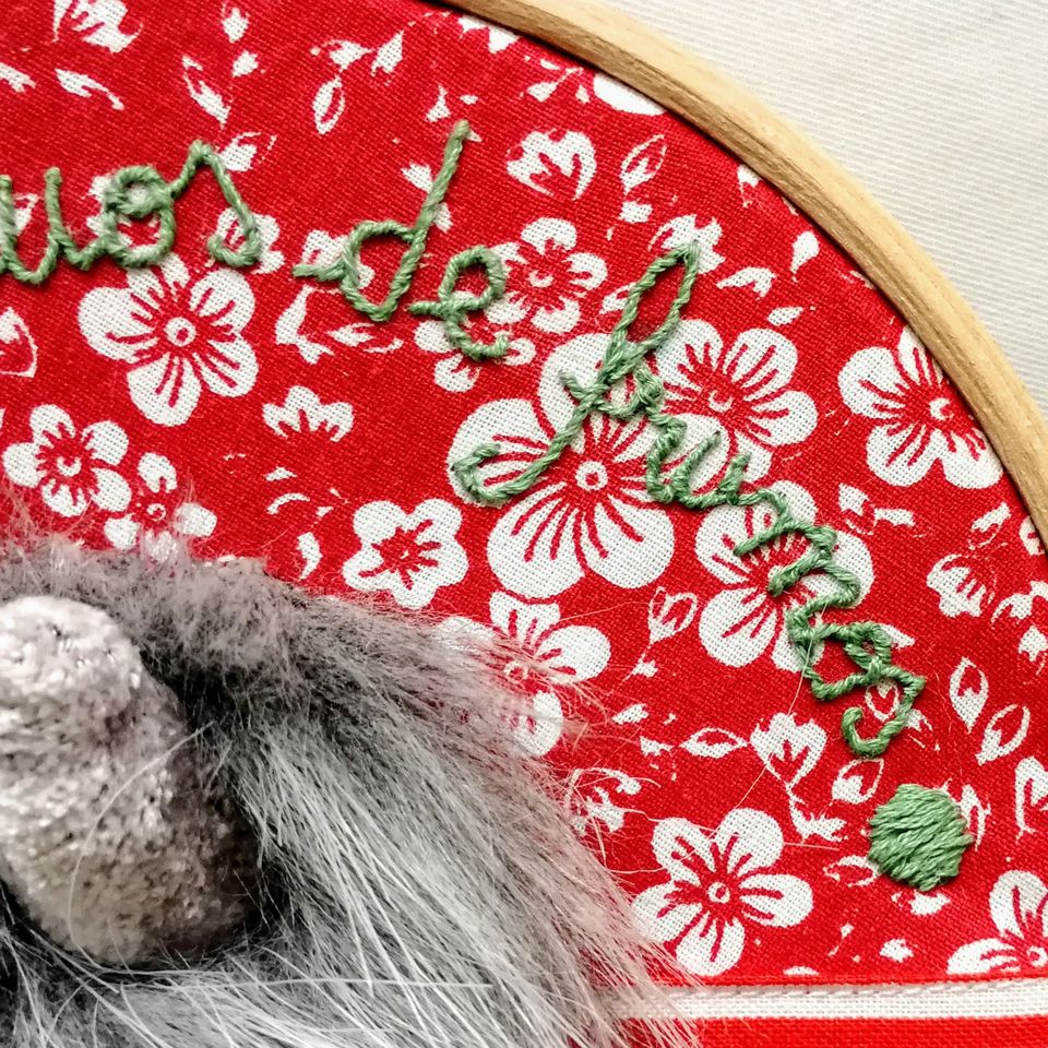 Monster handnstitched decor, small round textile artwork,"Monstrous beauty", 18cm