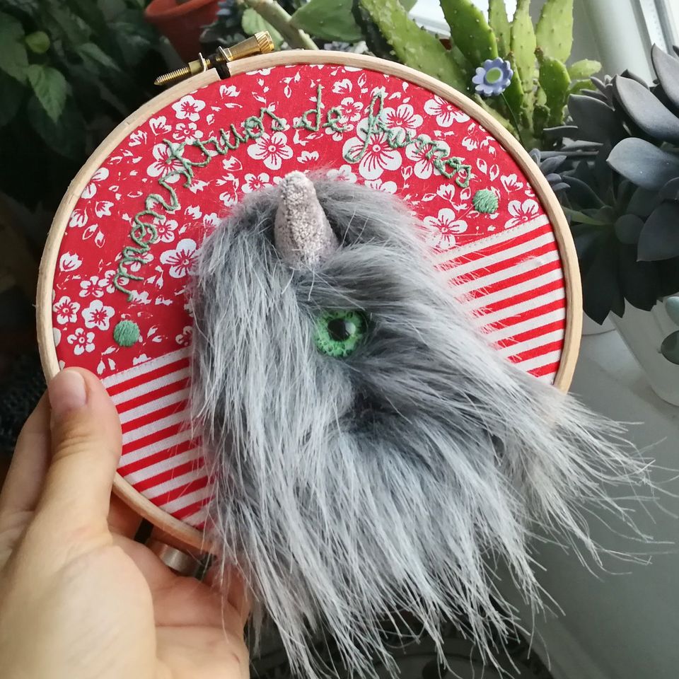 Monster handnstitched decor, small round textile artwork,"Monstrous beauty", 18cm