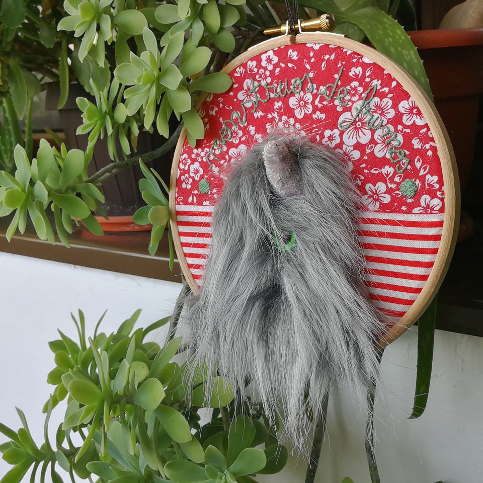 Monster handnstitched decor, small round textile artwork,"Monstrous beauty", 18cm
