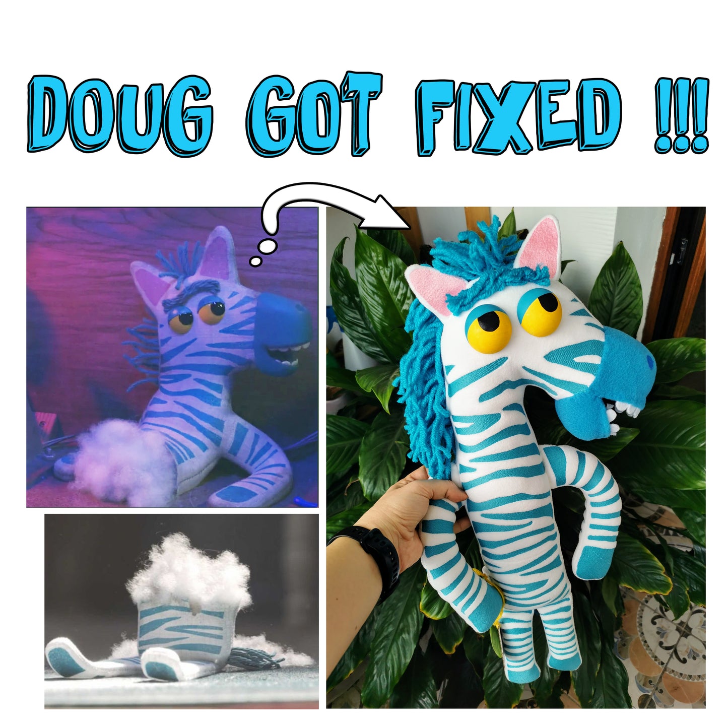 Doug, the half ripped zebra GOT FIXED! based on Toy Story 4, Toy Story 4 replica plush, Doug The Fixed Zebra replica, 57cm