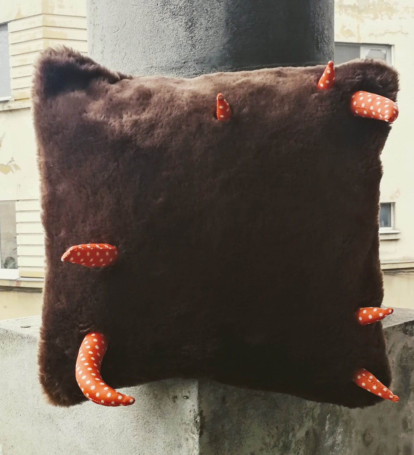Toothie Faux fur Monster Cushion, fantasy room decor, Brown/Orange