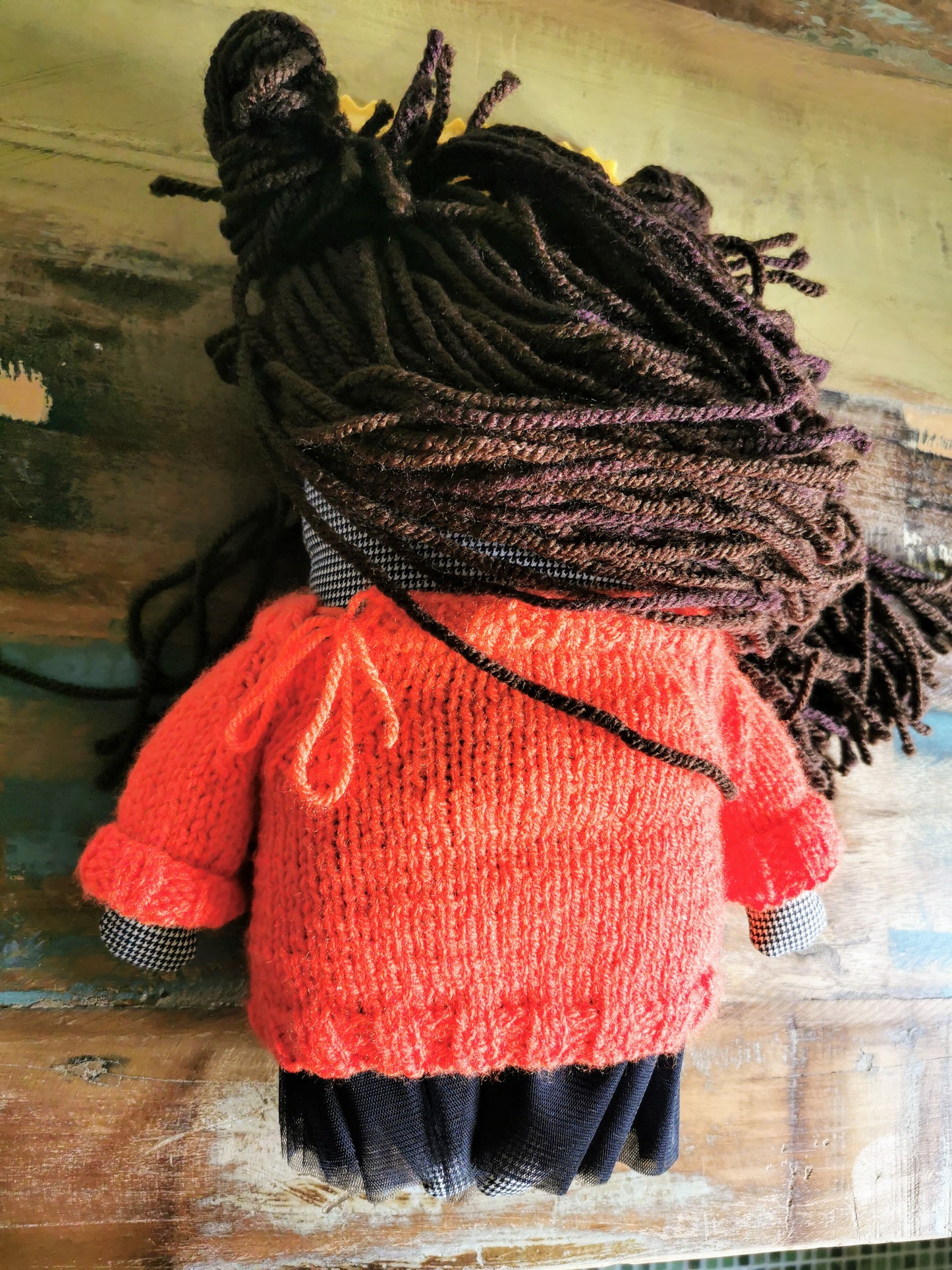 Teenage girl doll, painted cotton doll, orange knitted sweater, black tulle skirt, OOK doll, 33cm