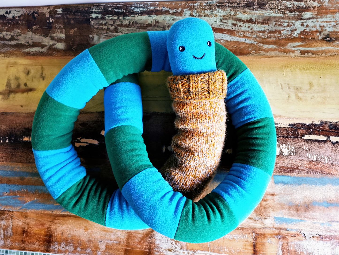 Extra-long Worm Plush with knitted sweater, Blue-Green 200cm, fantasy room decor
