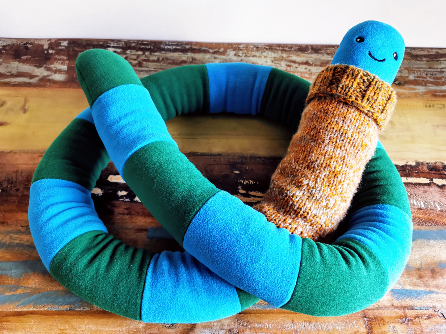 Extra-long Worm Plush with knitted sweater, Blue-Green 200cm, fantasy room decor