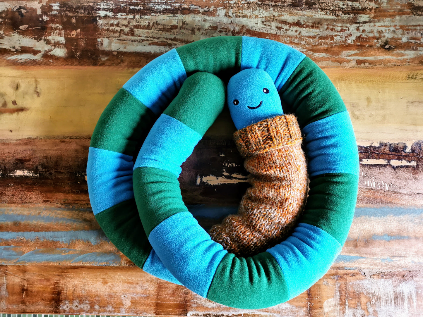 Extra-long Worm Plush with knitted sweater, Blue-Green 200cm, fantasy room decor