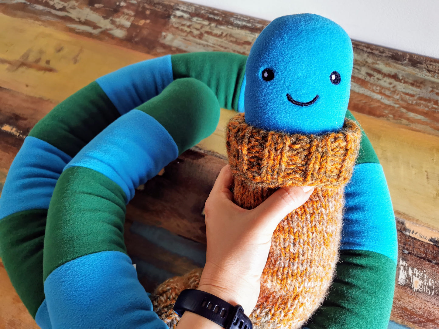 Extra-long Worm Plush with knitted sweater, Blue-Green 200cm, fantasy room decor