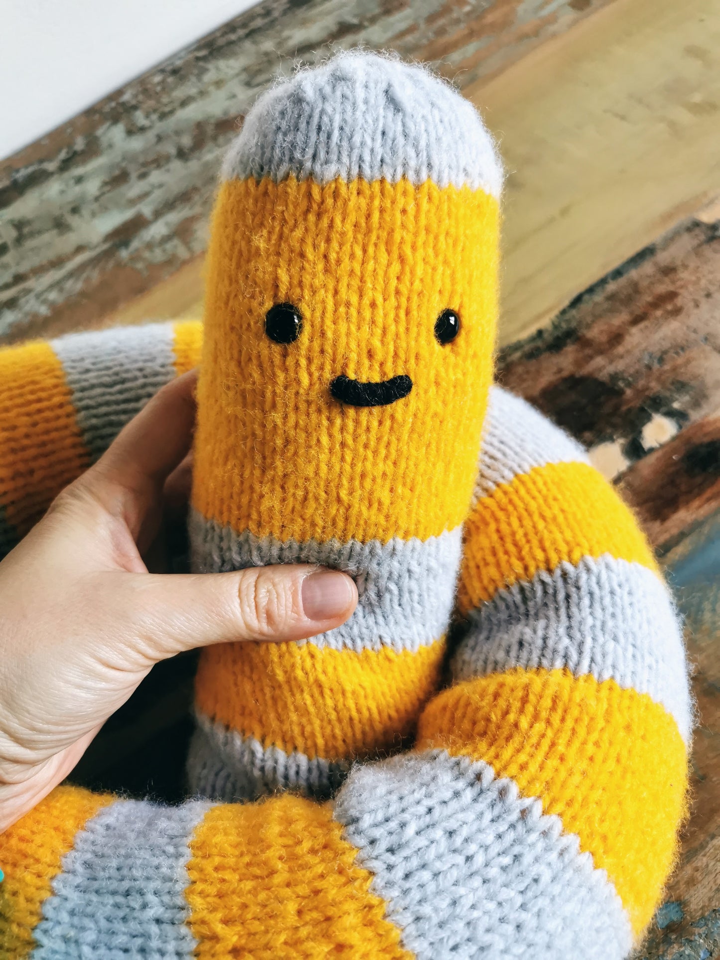 Knitted giant worm, hand knitted wool plush, fantasy creature, yellow-gray, 145cm long