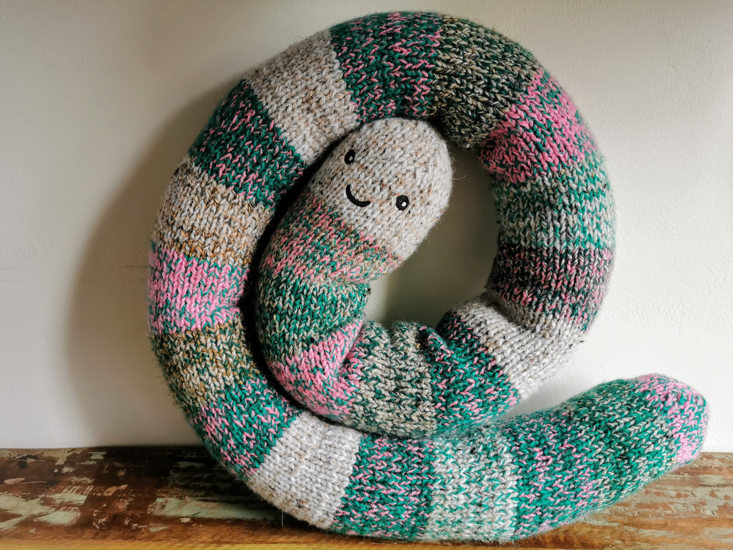 Giant hand knitted worm, chubby fantasy worm, odd giant creature, scrap yarn creature, knitted wool worm, funny odd gift, 165cm
