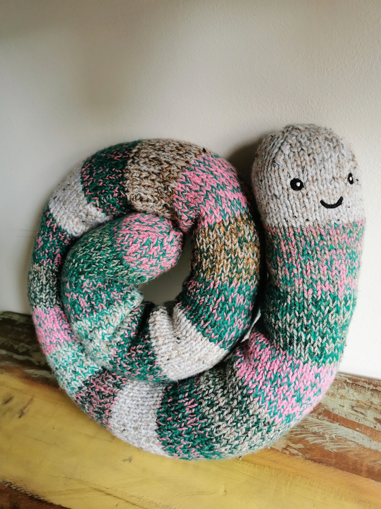 Giant hand knitted worm, chubby fantasy worm, odd giant creature, scrap yarn creature, knitted wool worm, funny odd gift, 165cm