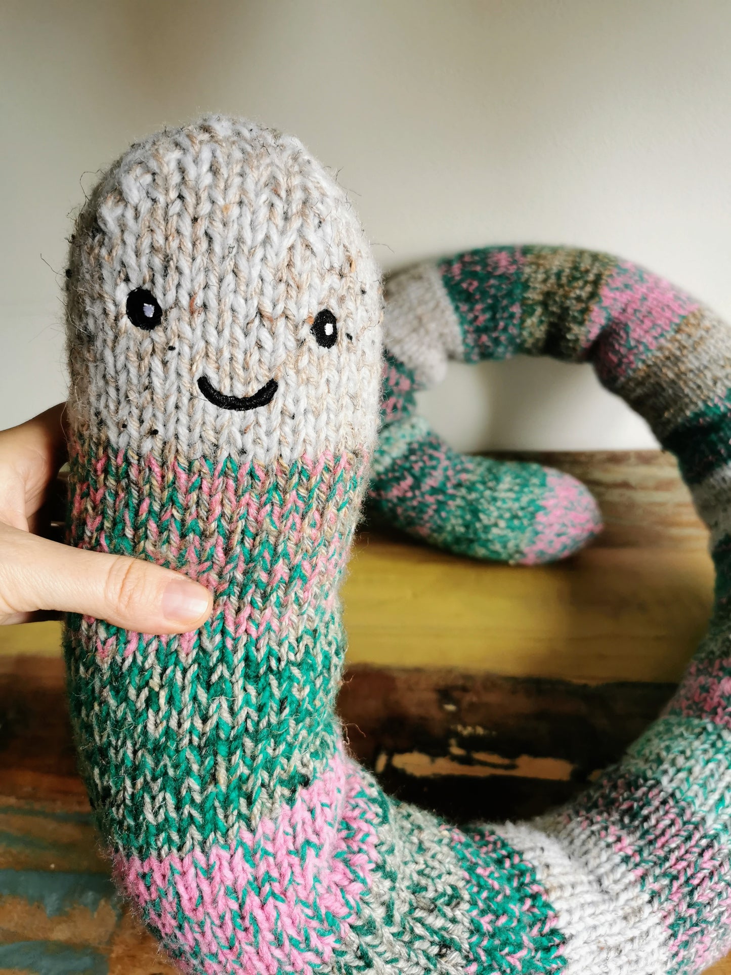 Giant hand knitted worm, chubby fantasy worm, odd giant creature, scrap yarn creature, knitted wool worm, funny odd gift, 165cm