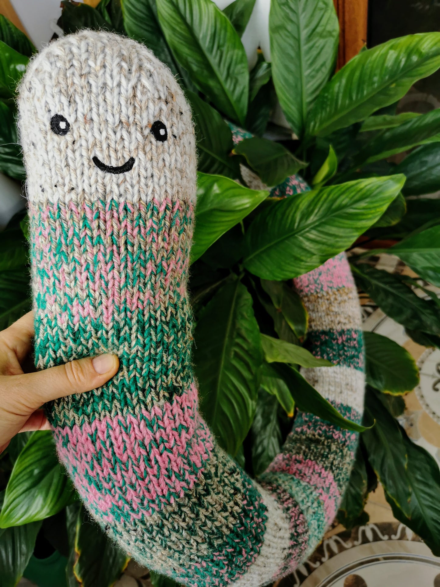 Giant hand knitted worm, chubby fantasy worm, odd giant creature, scrap yarn creature, knitted wool worm, funny odd gift, 165cm