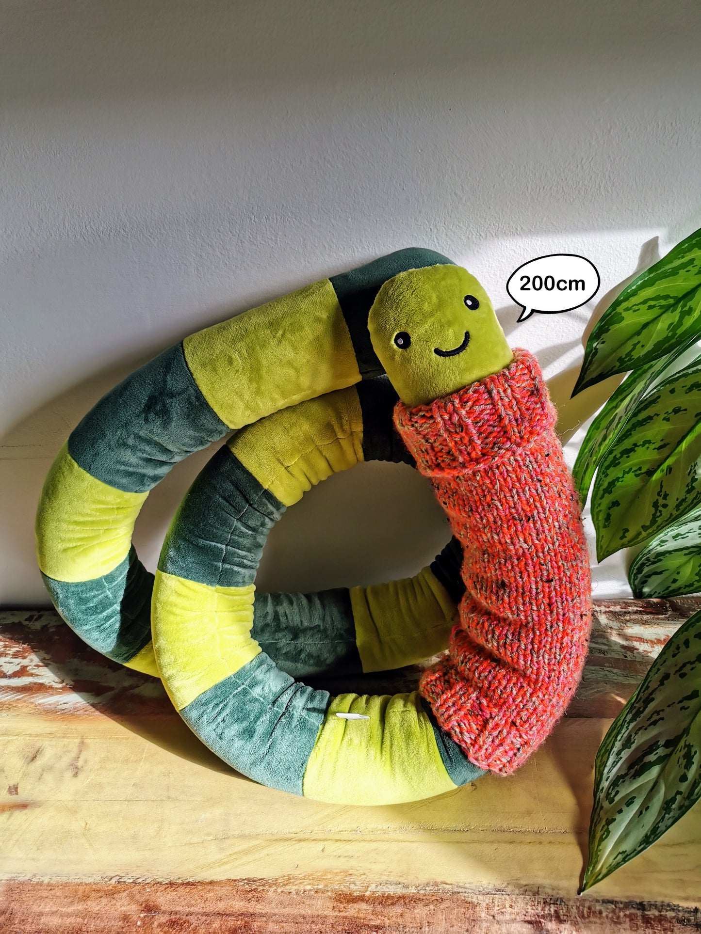 Giant Green EarthWorm Plush with pink knitted turtleneck, funny fantasy worm, 200cm