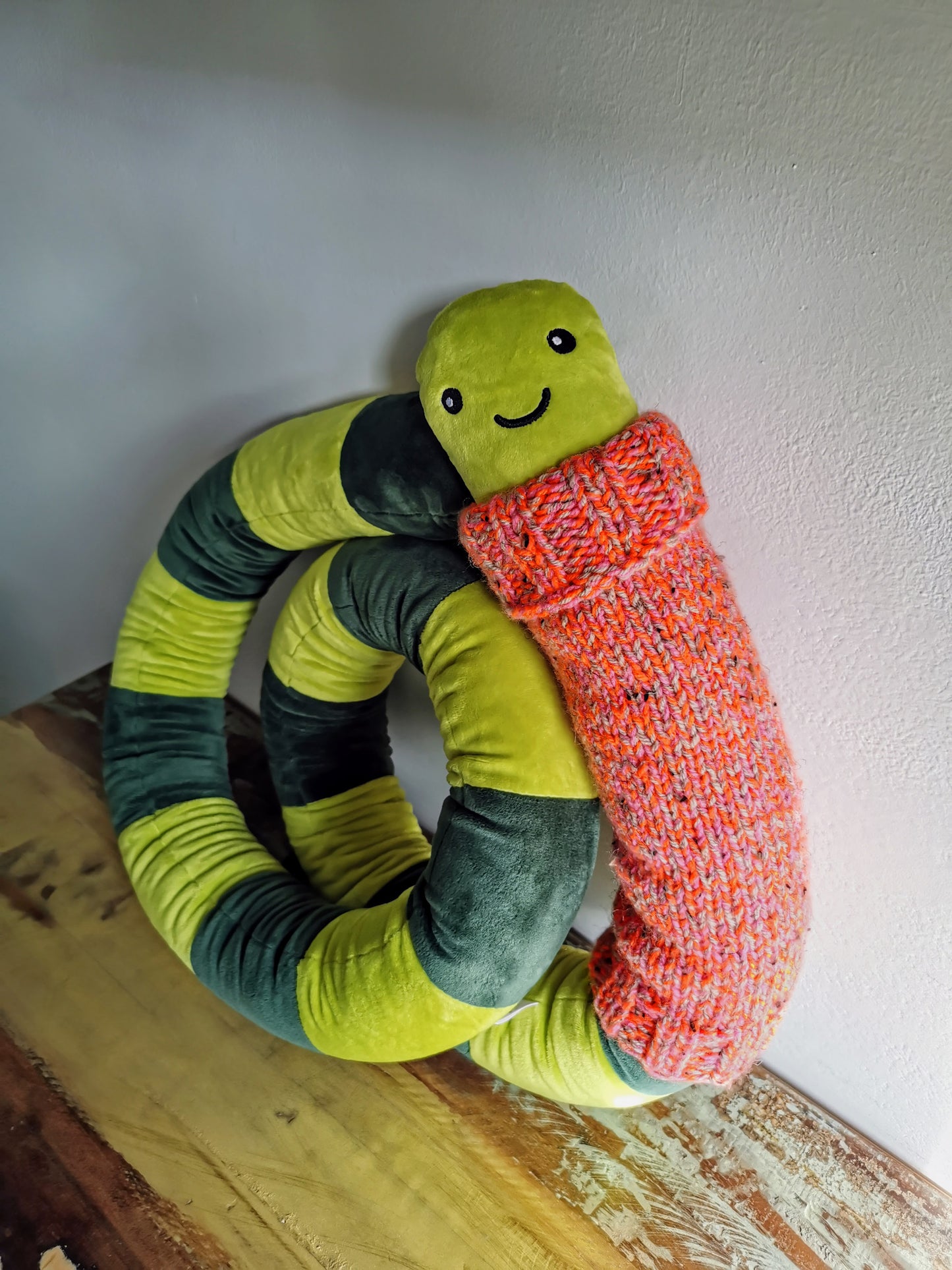 Giant Green EarthWorm Plush with pink knitted turtleneck, funny fantasy worm, 200cm