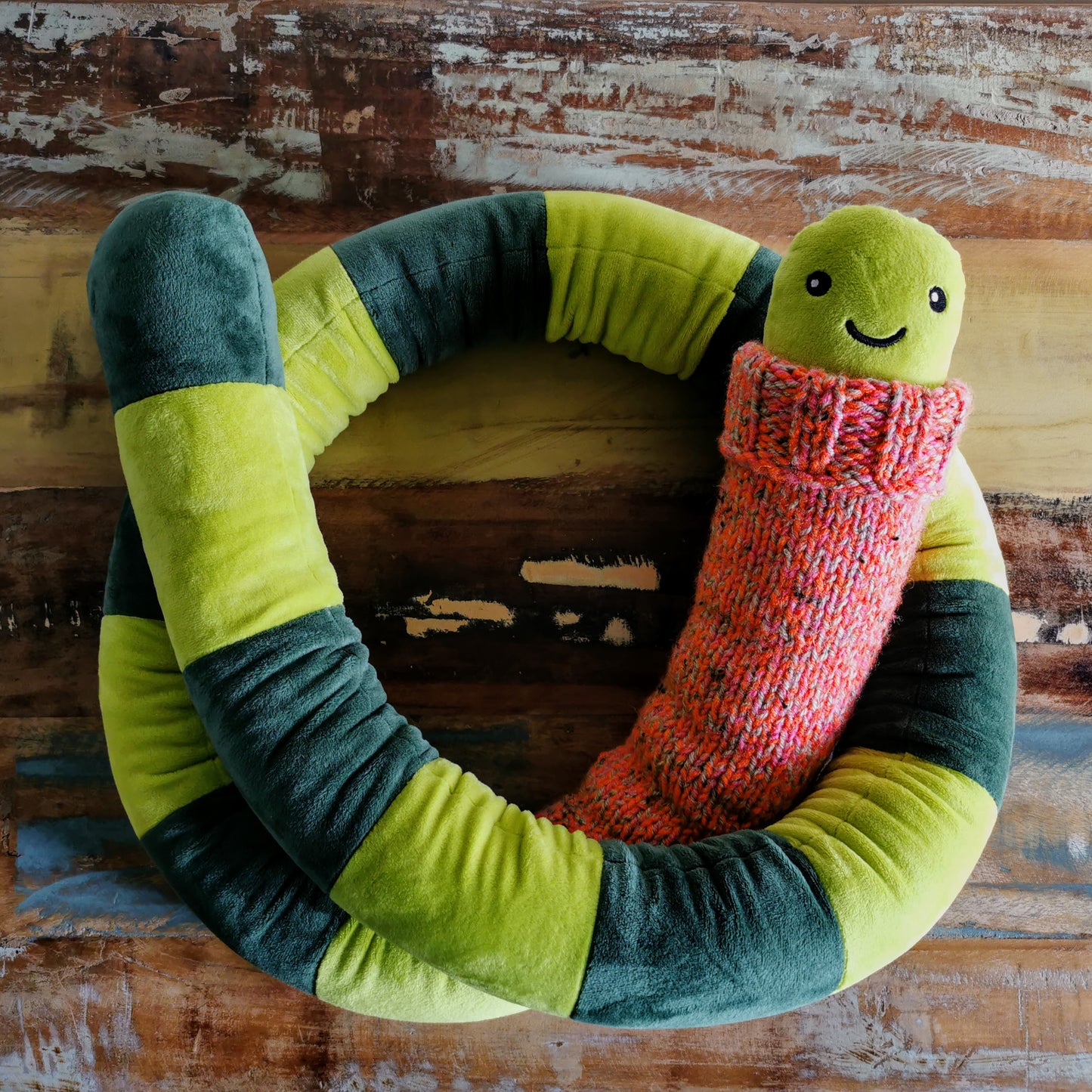 Giant Green EarthWorm Plush with pink knitted turtleneck, funny fantasy worm, 200cm