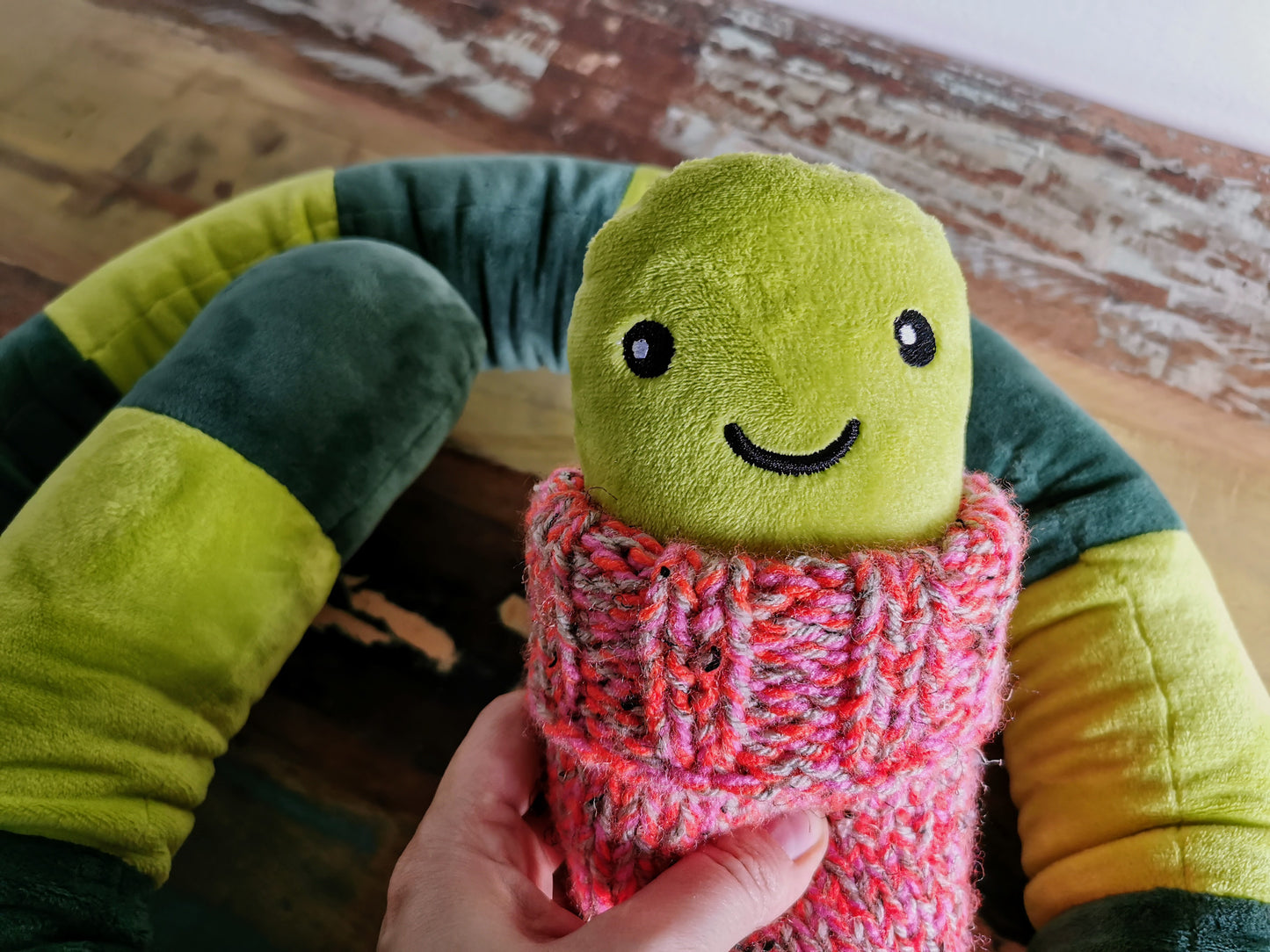 Giant Green EarthWorm Plush with pink knitted turtleneck, funny fantasy worm, 200cm