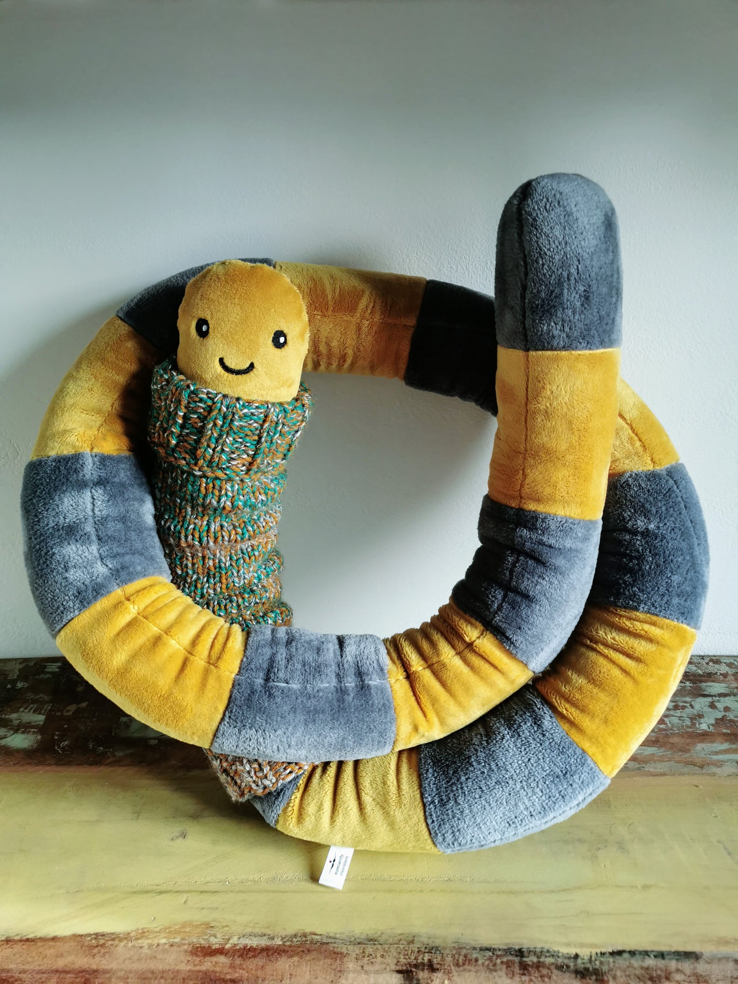 Giant Mustard EarthWorm Plush with knitted turtleneck, funny fantasy odd creature, Mustard-Grey, 200cm