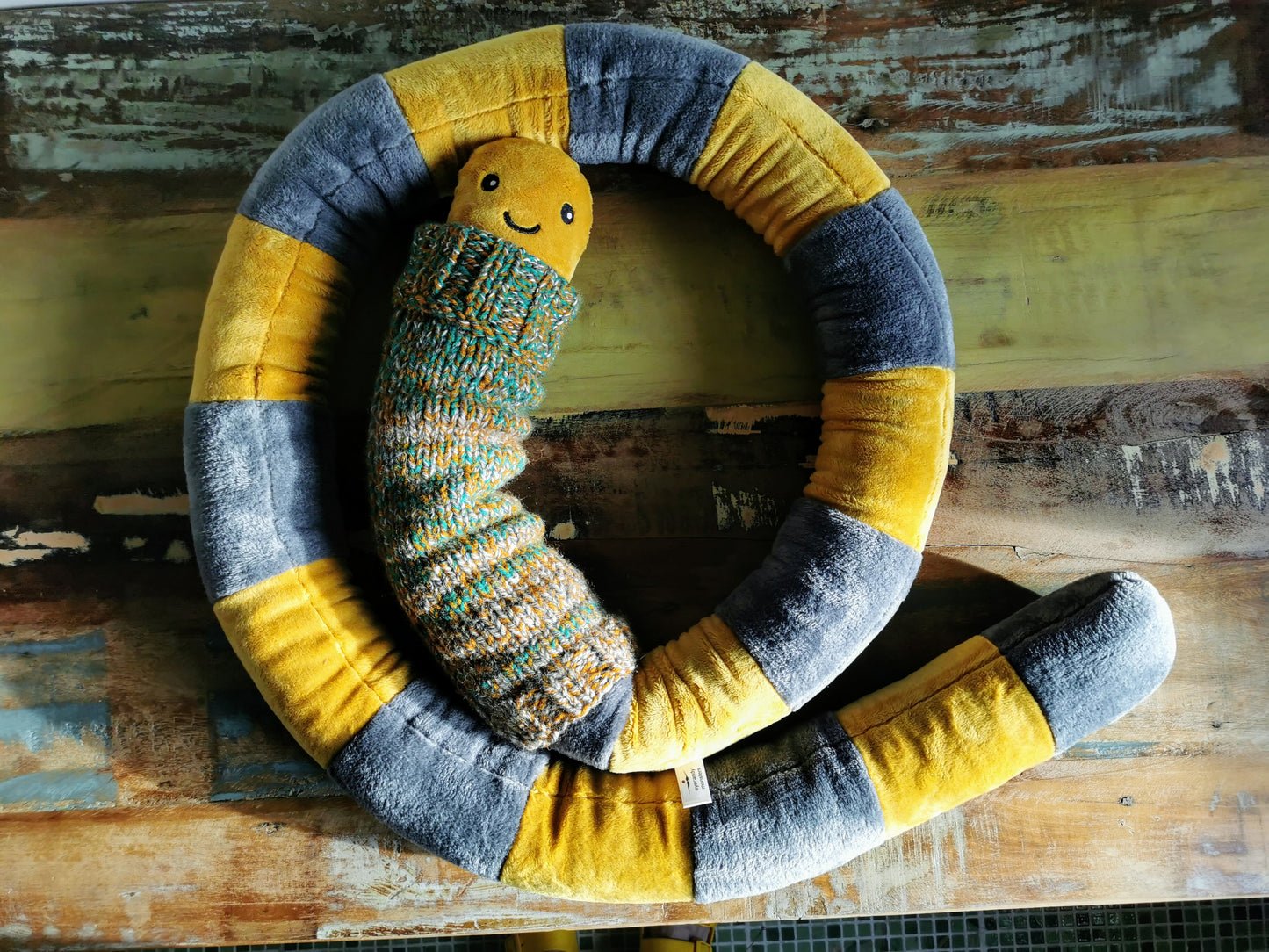 Giant Mustard EarthWorm Plush with knitted turtleneck, funny fantasy odd creature, Mustard-Grey, 200cm
