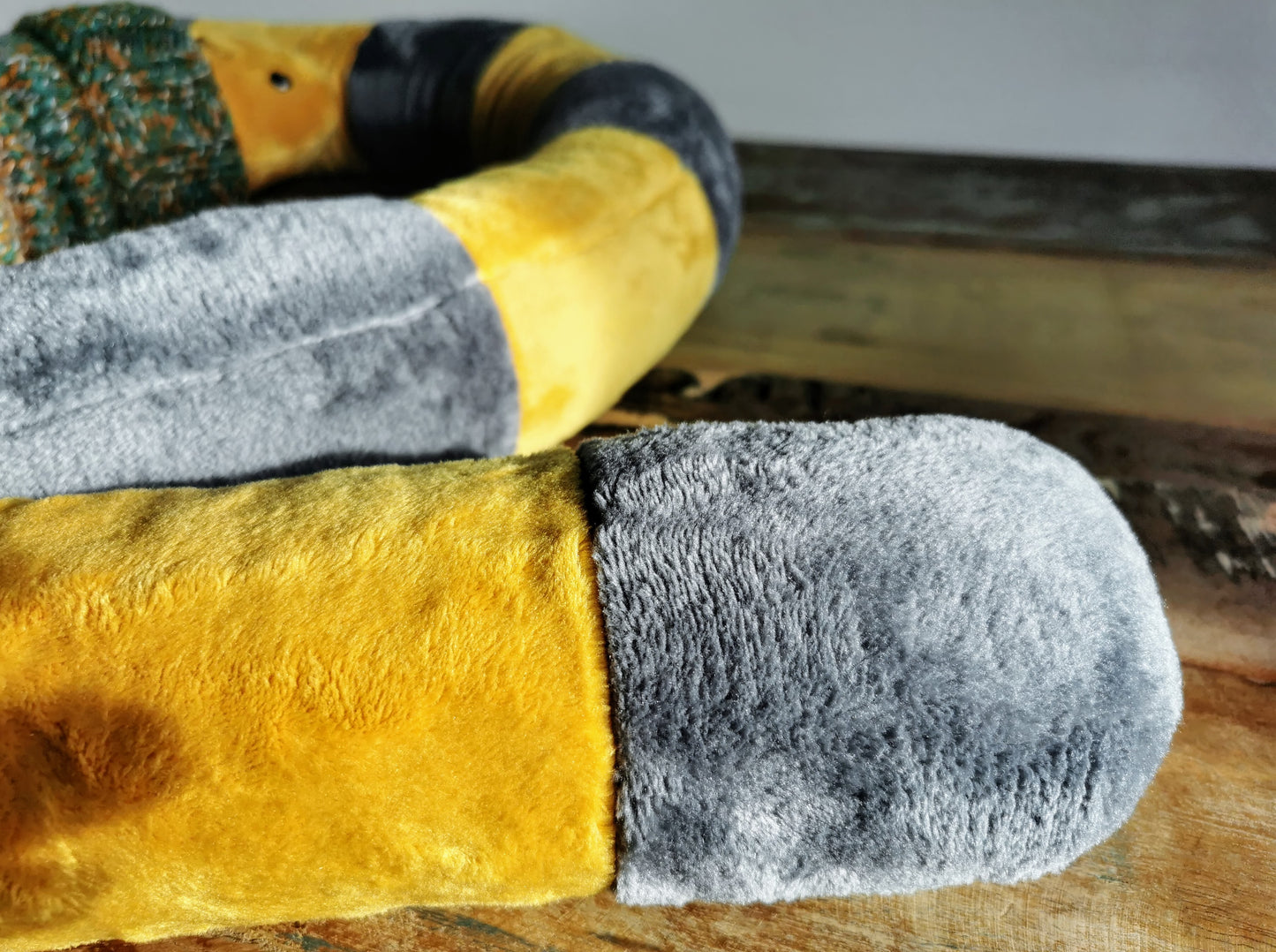 Giant Mustard EarthWorm Plush with knitted turtleneck, funny fantasy odd creature, Mustard-Grey, 200cm