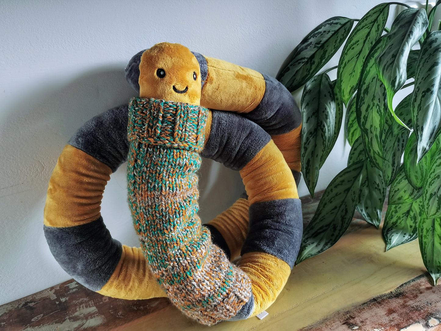Giant Mustard EarthWorm Plush with knitted turtleneck, funny fantasy odd creature, Mustard-Grey, 200cm