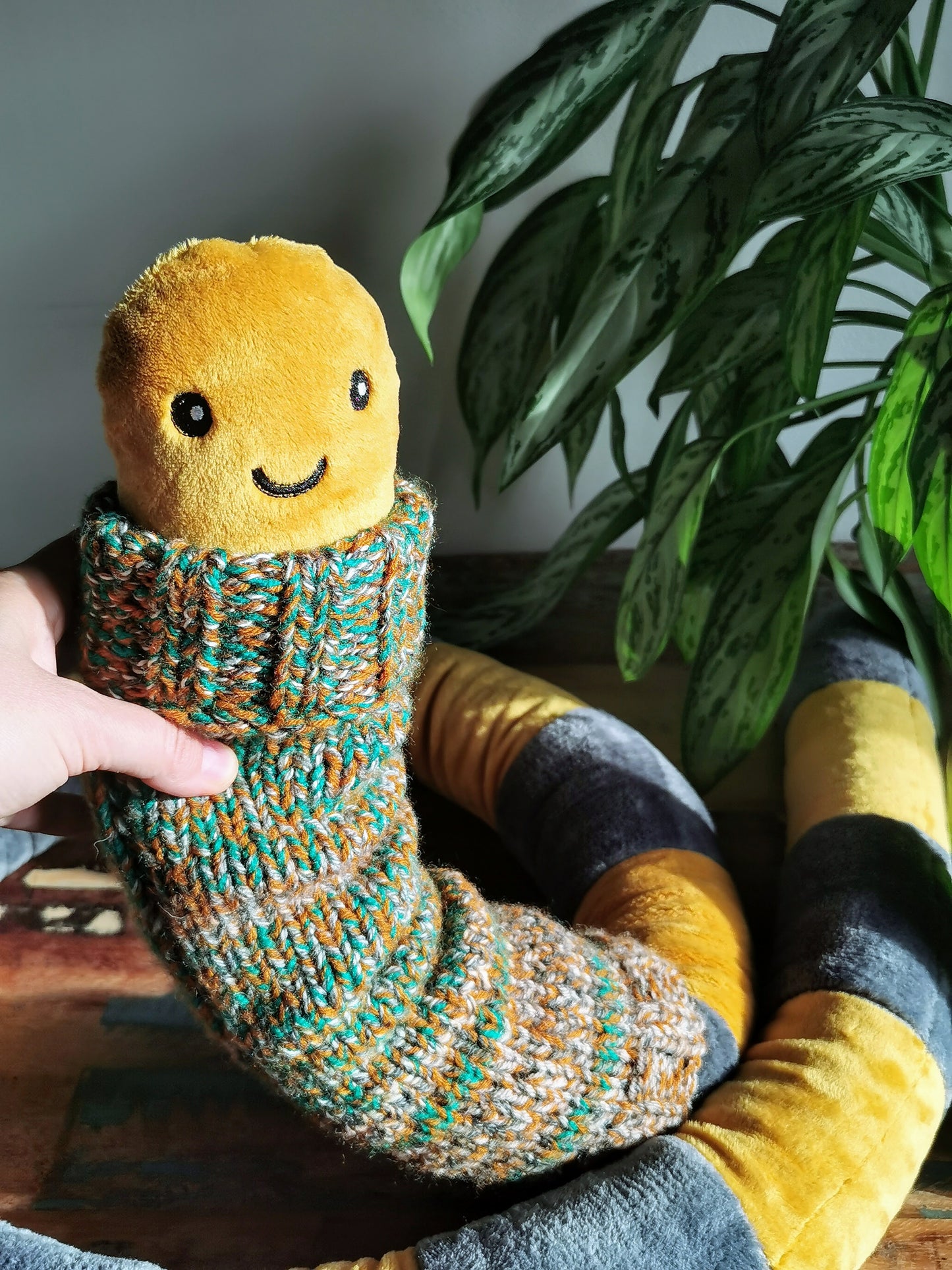 Giant Mustard EarthWorm Plush with knitted turtleneck, funny fantasy odd creature, Mustard-Grey, 200cm