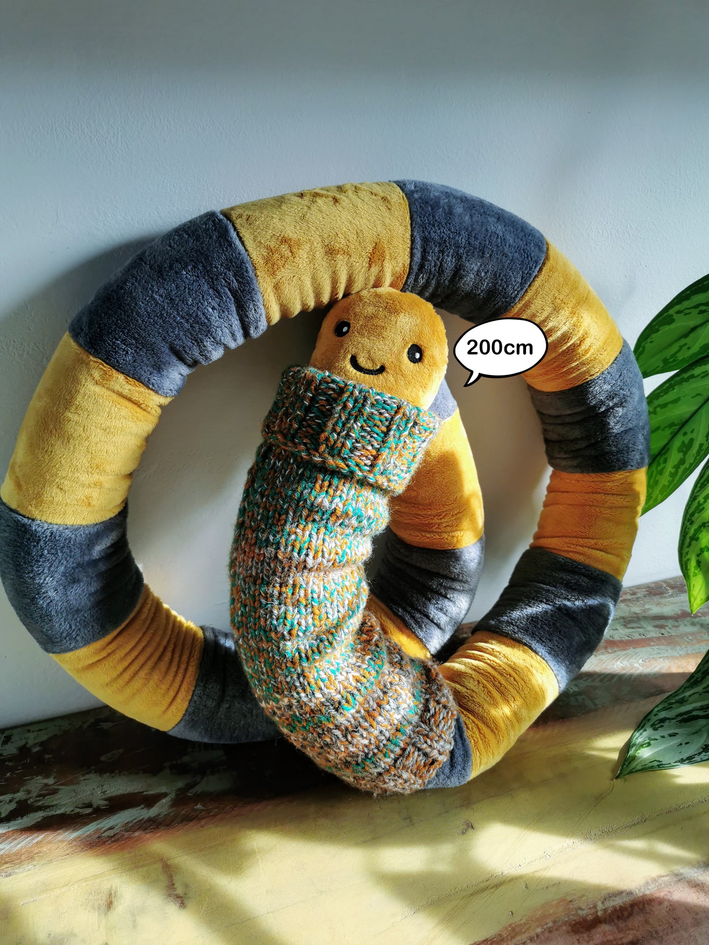 Giant Mustard EarthWorm Plush with knitted turtleneck, funny fantasy odd creature, Mustard-Grey, 200cm