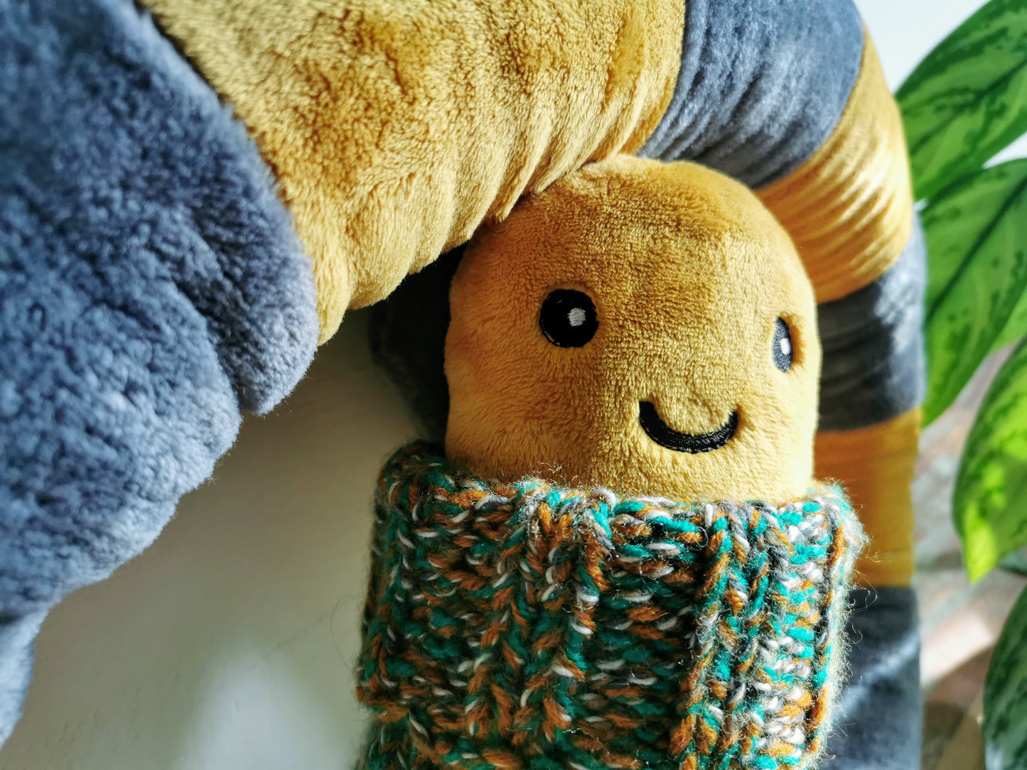 Giant Mustard EarthWorm Plush with knitted turtleneck, funny fantasy odd creature, Mustard-Grey, 200cm