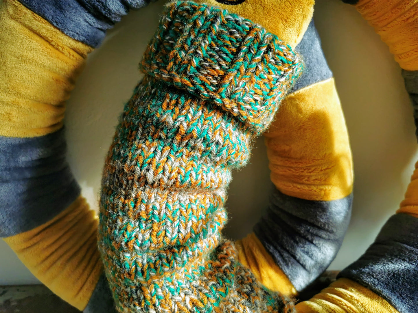 Giant Mustard EarthWorm Plush with knitted turtleneck, funny fantasy odd creature, Mustard-Grey, 200cm
