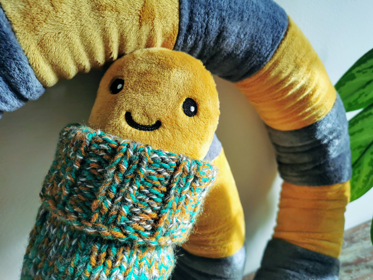 Giant Mustard EarthWorm Plush with knitted turtleneck, funny fantasy odd creature, Mustard-Grey, 200cm