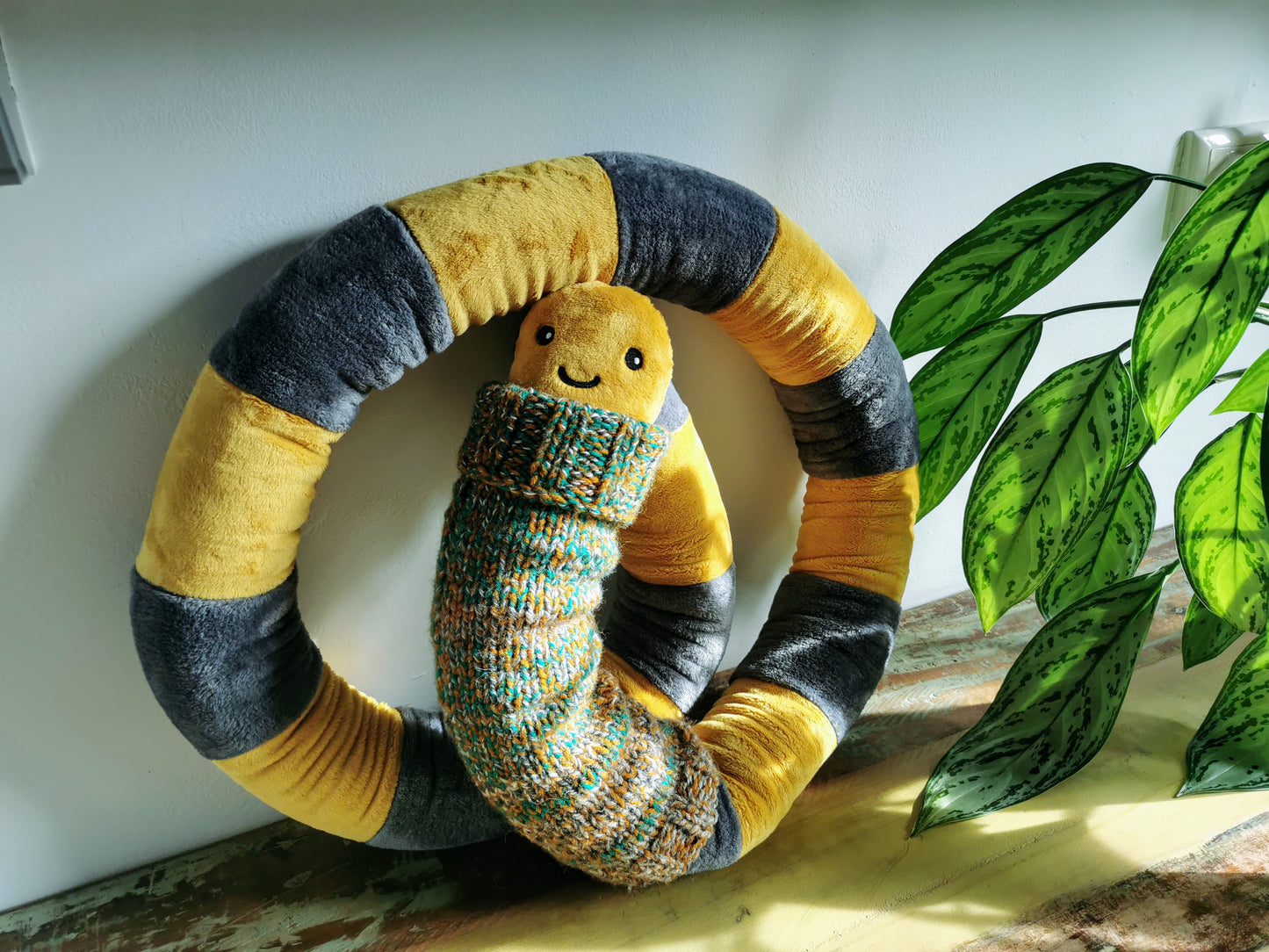 Giant Mustard EarthWorm Plush with knitted turtleneck, funny fantasy odd creature, Mustard-Grey, 200cm