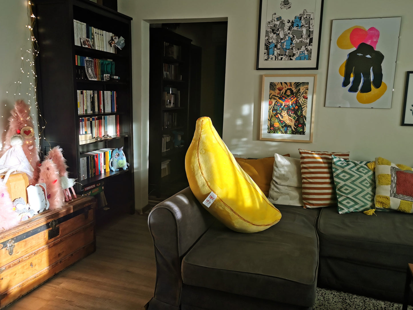 Giant Plush Banana, funny fantasy plushie, odd art toy, fun yellow home decor, Giant Ripe Banana 100 cm
