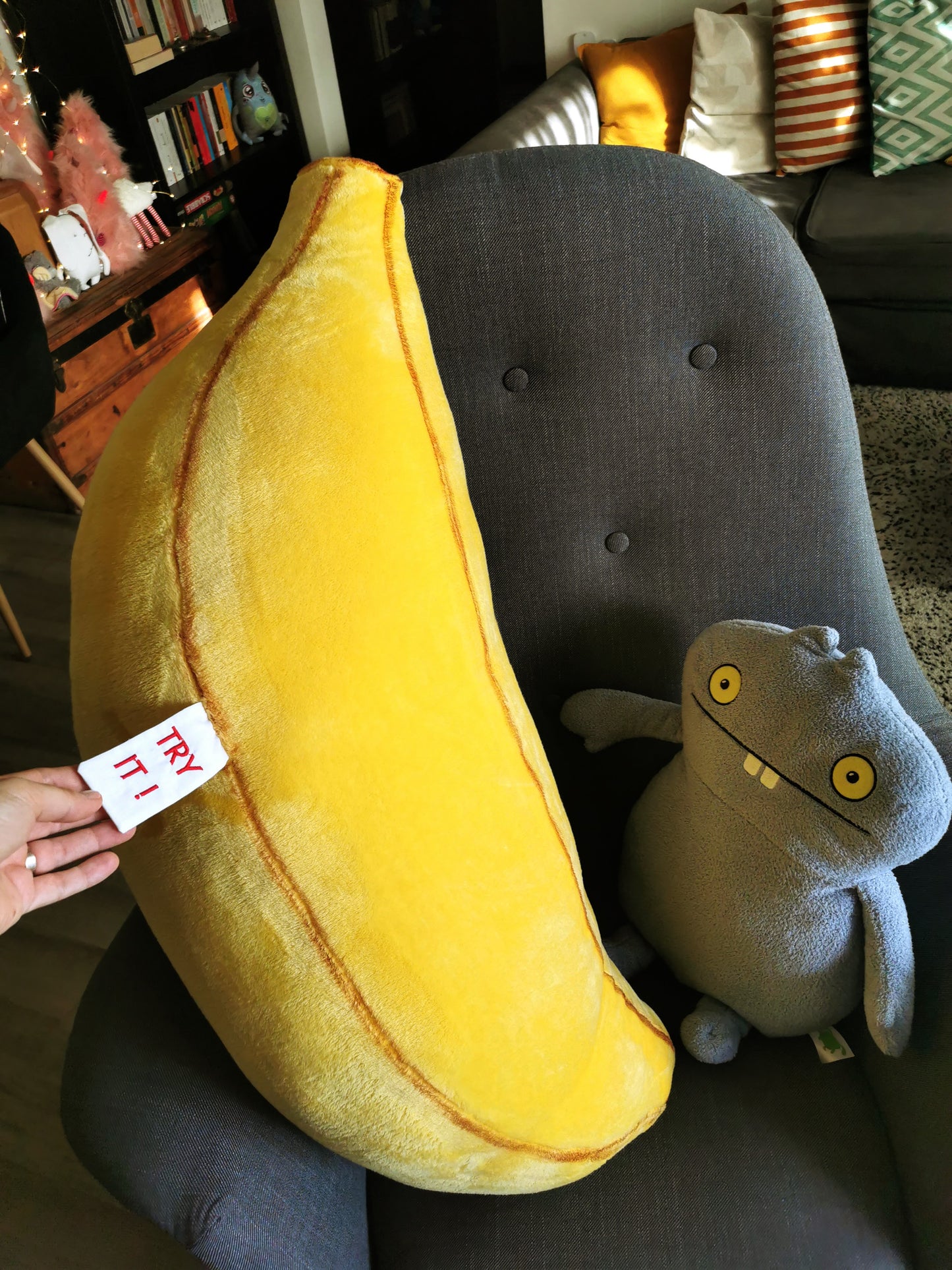 Giant Plush Banana, funny fantasy plushie, odd art toy, fun yellow home decor, Giant Ripe Banana 100 cm