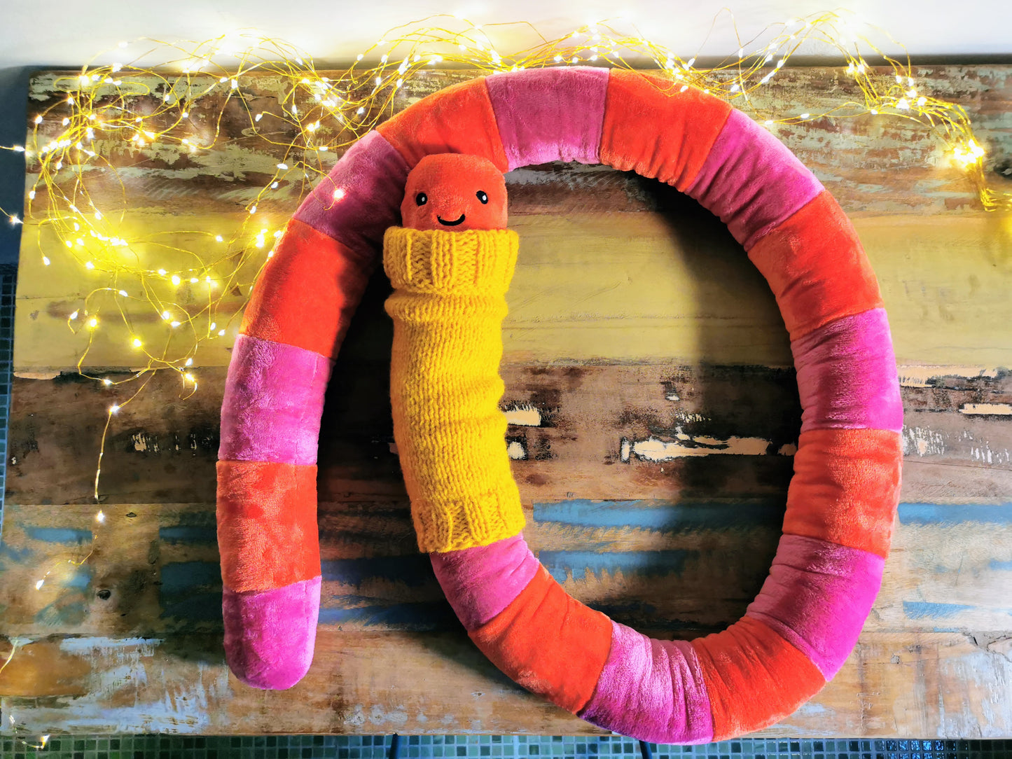 Giant Worm Plush with knitted sweater, Orange-Pink 200cm, fun smiley extra large plush