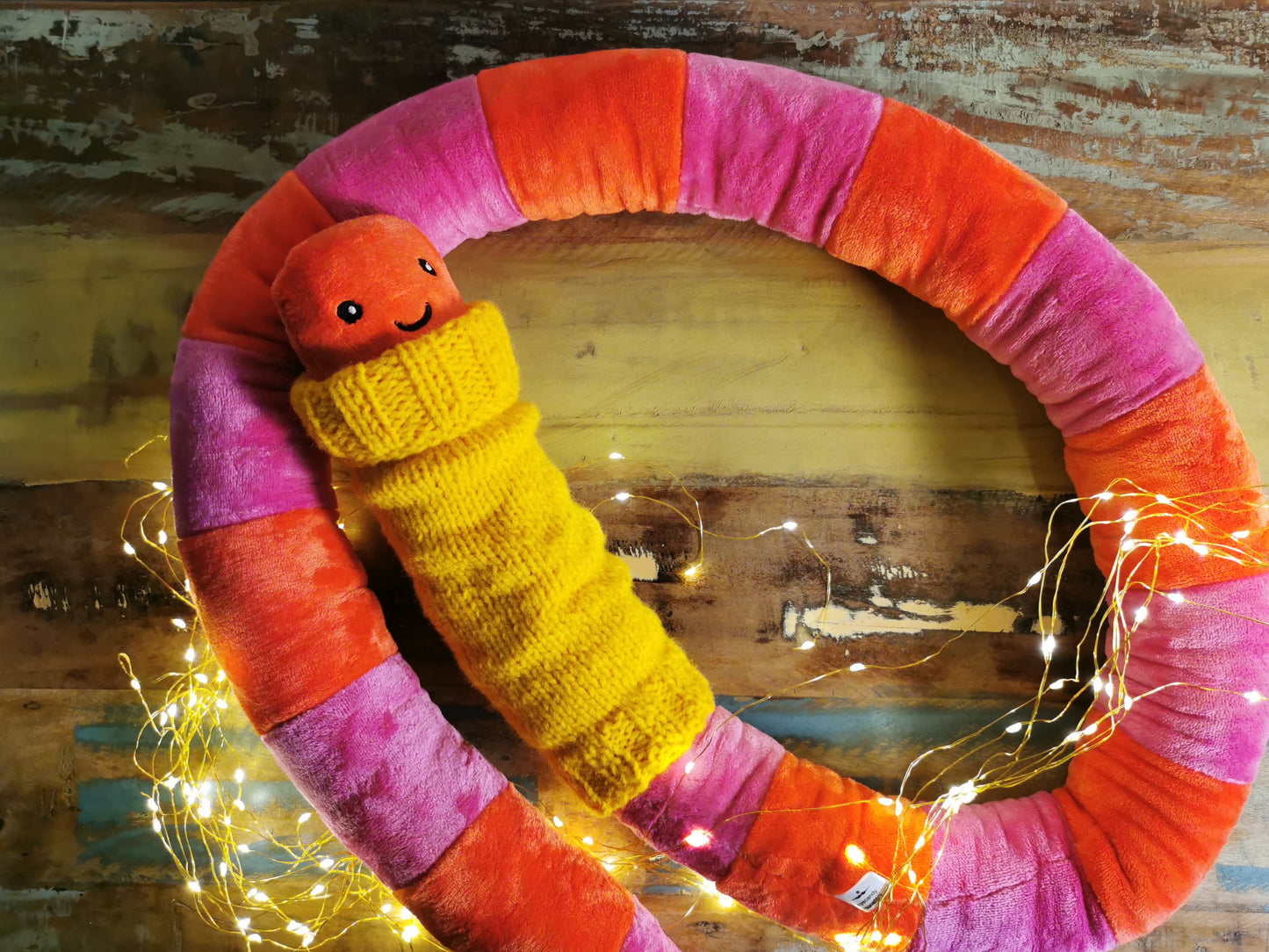 Giant Worm Plush with knitted sweater, Orange-Pink 200cm, fun smiley extra large plush