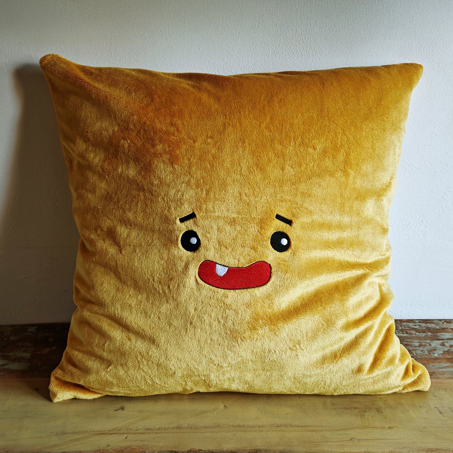 Yellow Plush Cushion Cover with Embroidered Smiley face, 50x50 cm, inside cushion can be included