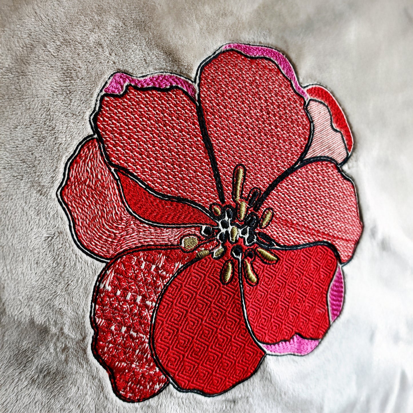 Red poppy Cushion, plush cover with large embroidered flower in red and pink, 50x50cm