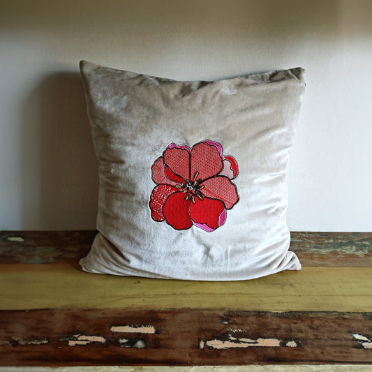 Red poppy Cushion, plush cover with large embroidered flower in red and pink, 50x50cm