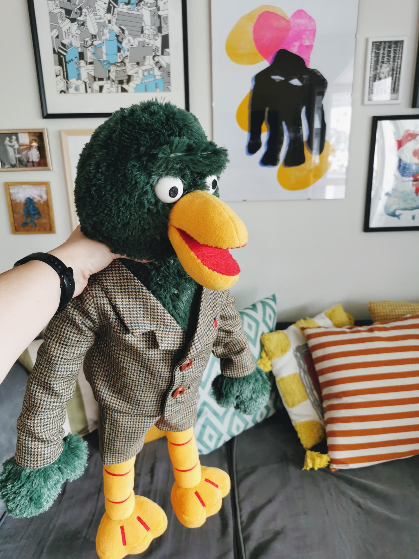 David Duck, Don't Hug Me I'm Scared replica collector's plush, Custom green duck plush inspired by DHMIS, David duck in suit 50 cm