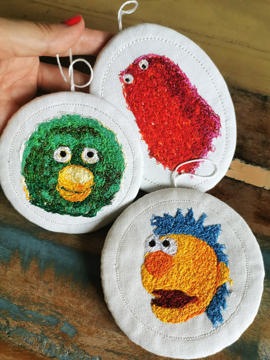 DHMIS Embroidered Wall Art - Set of 3 Miniature Character portraits, Embroidered Decor, 10/12 cm