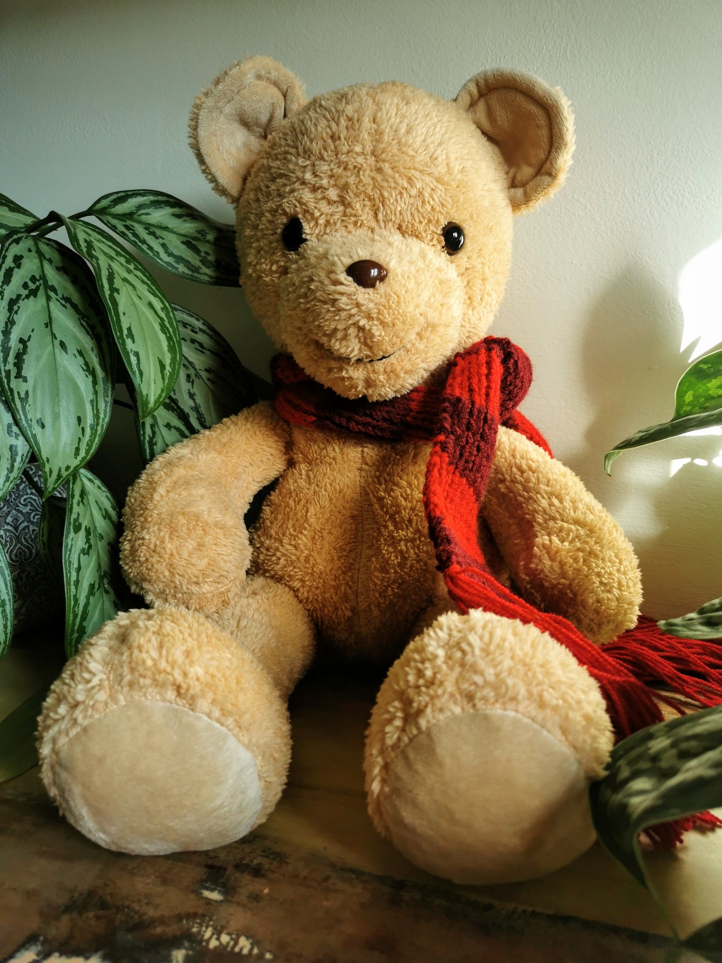 Teddy bear cub with knitted red scarf, plush teddy with weighted beads, toddler teddy bear 55 cm