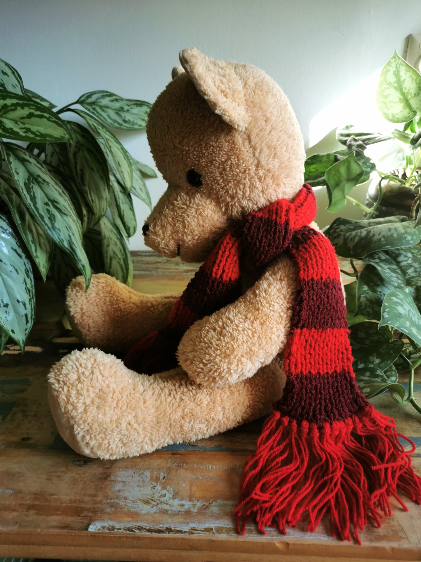 Teddy bear cub with knitted red scarf, plush teddy with weighted beads, toddler teddy bear 55 cm