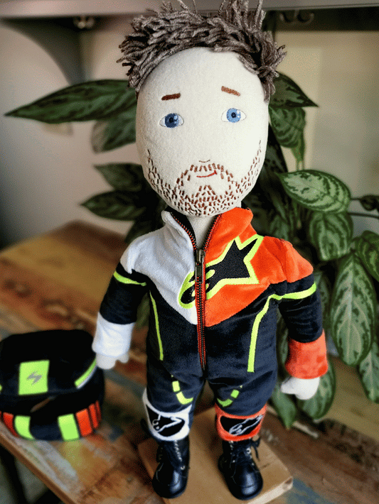 Motorcyclist Portrait Doll based on photos, Mini me soft doll, likeness doll in Motorcycle suit and helmet, 50 cm