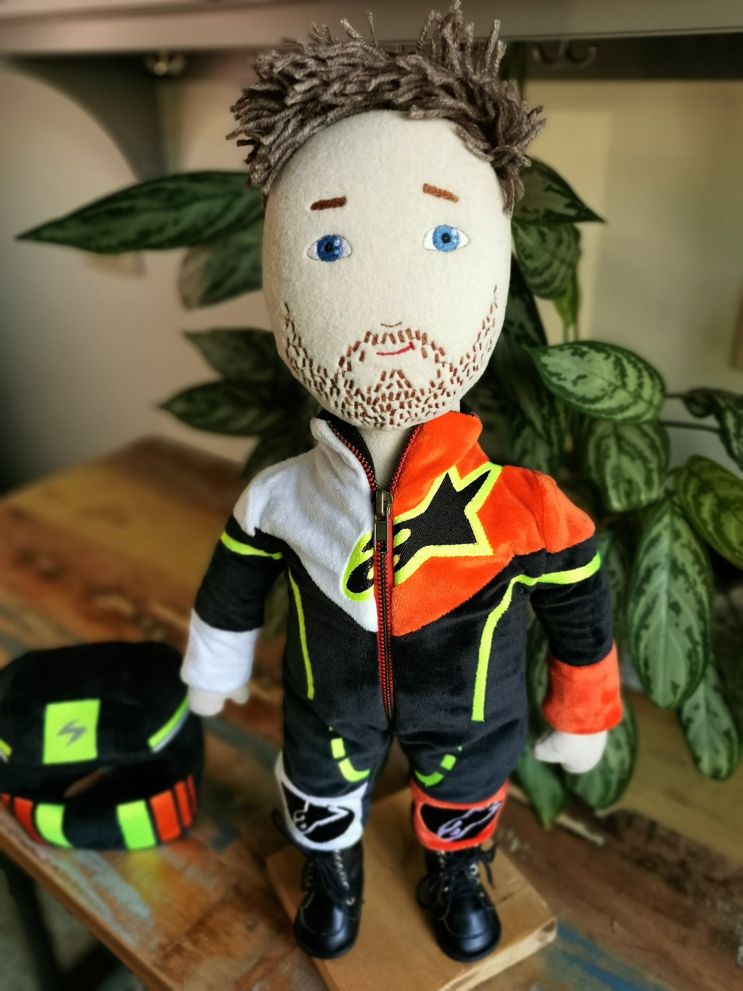 Motorcyclist Portrait Doll based on photos, Mini me soft doll, likeness doll in Motorcycle suit and helmet, 50 cm