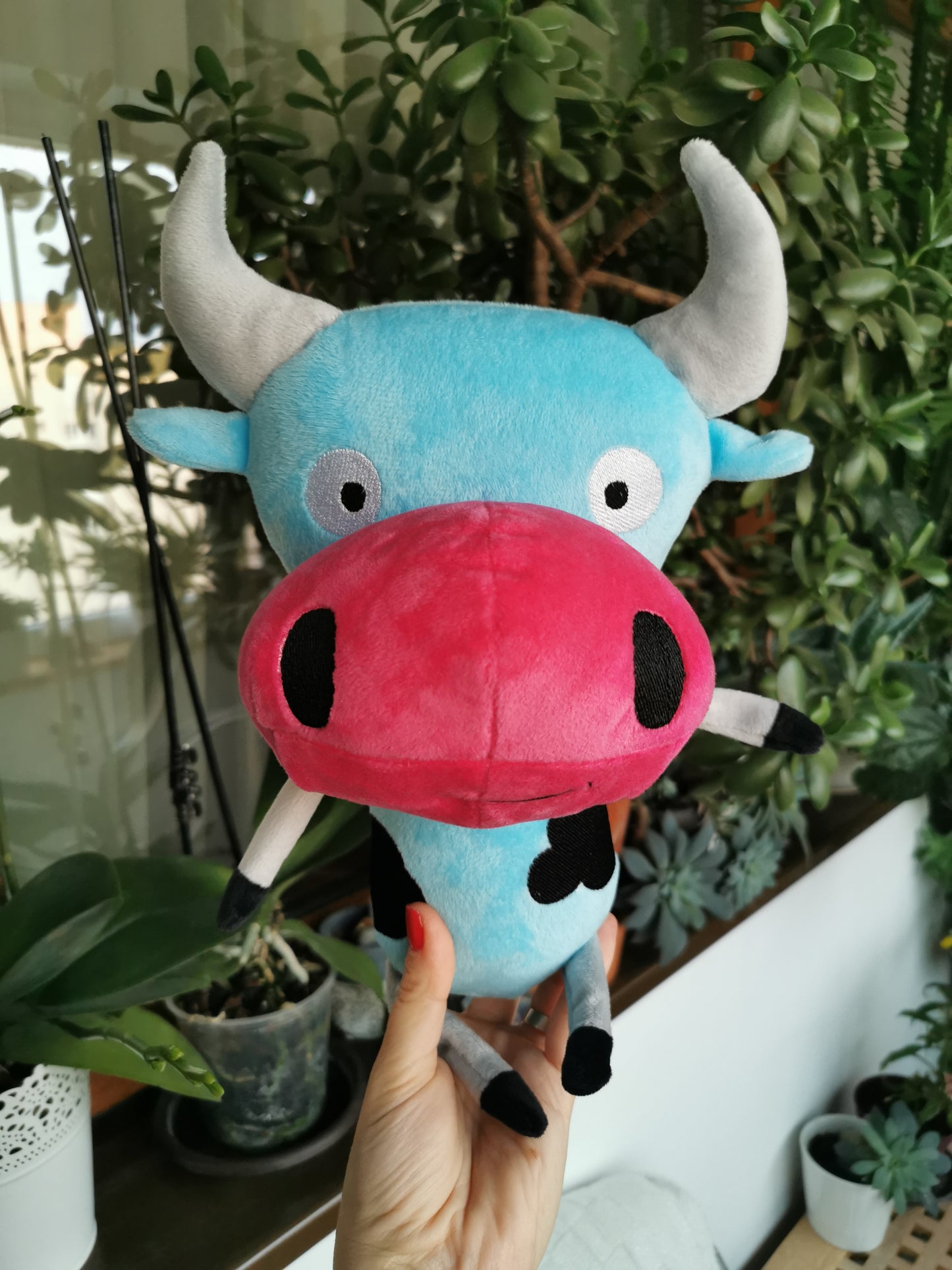 Custom cow plush inspired by Facebook sticker Moohan, 30 cm