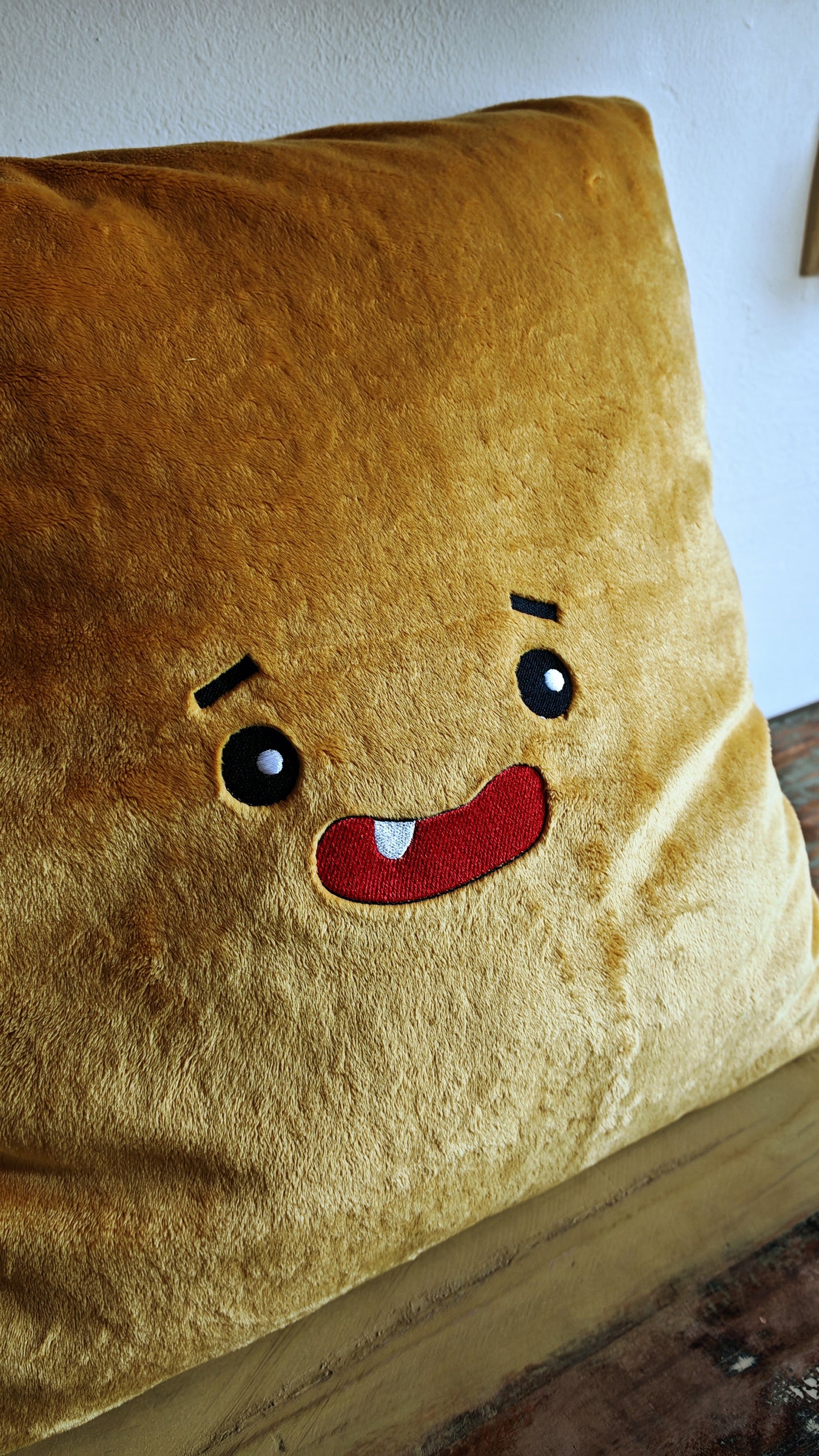 Yellow Plush Cushion Cover with Embroidered Smiley face, 50x50 cm, inside cushion can be included