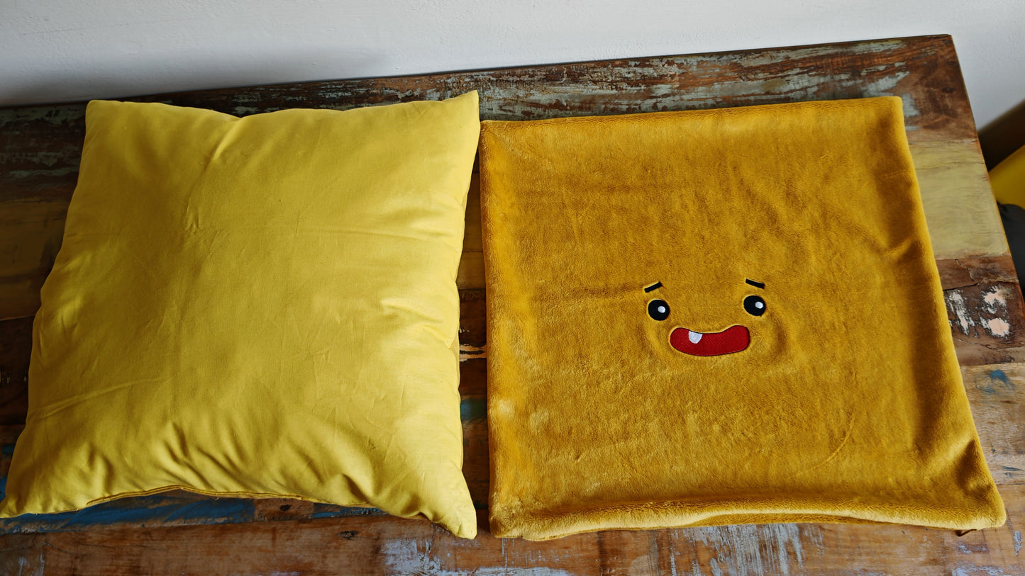 Yellow Plush Cushion Cover with Embroidered Smiley face, 50x50 cm, inside cushion can be included