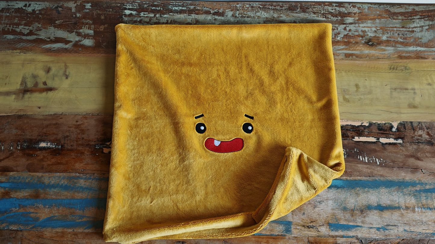 Yellow Plush Cushion Cover with Embroidered Smiley face, 50x50 cm, inside cushion can be included