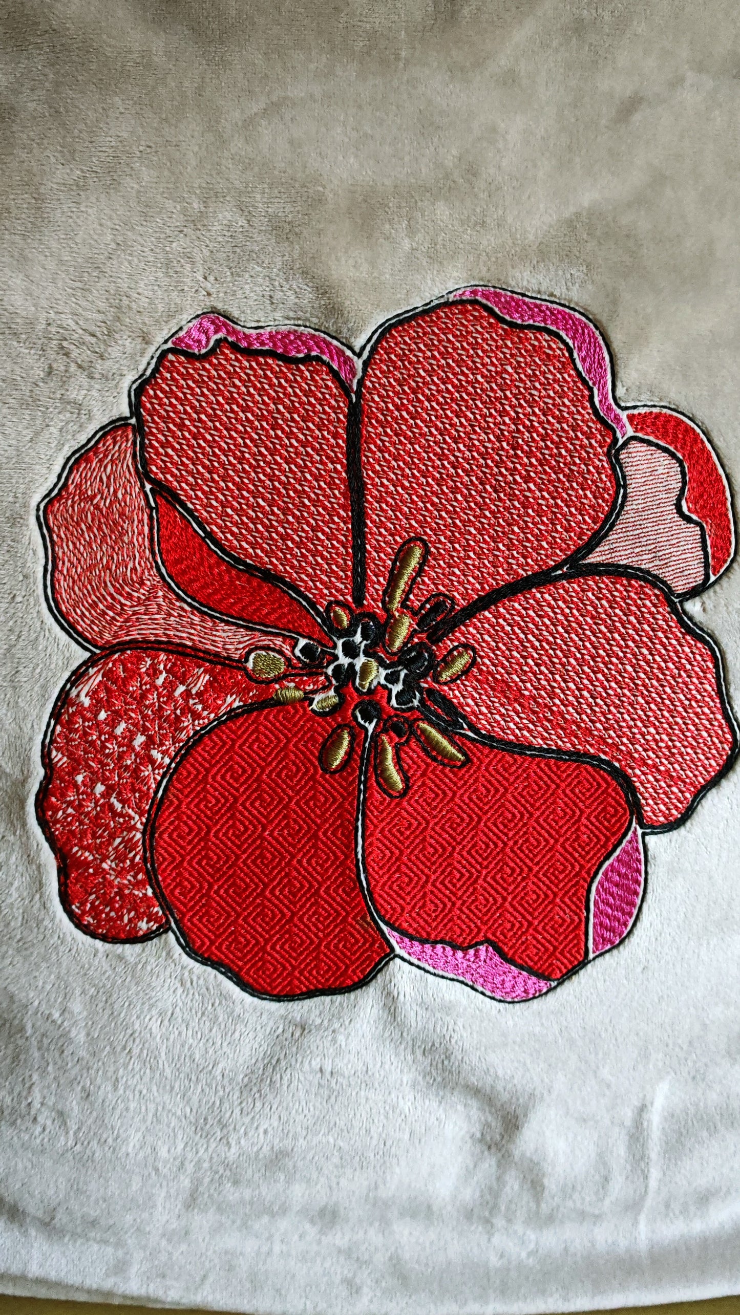 Red poppy Cushion, plush cover with large embroidered flower in red and pink, 50x50cm