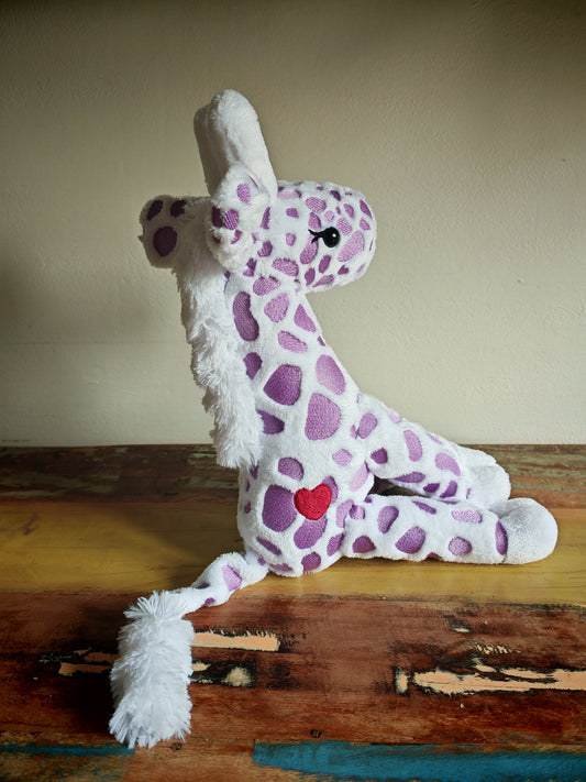 Handmade Giraffe Plush Toy – 28cm Soft Stuffed Animal with Embroidered Patches – Giraffe Calf - Custom Baby Gift or Kids Plushie Toddler Safe & Collectible / White-Purple