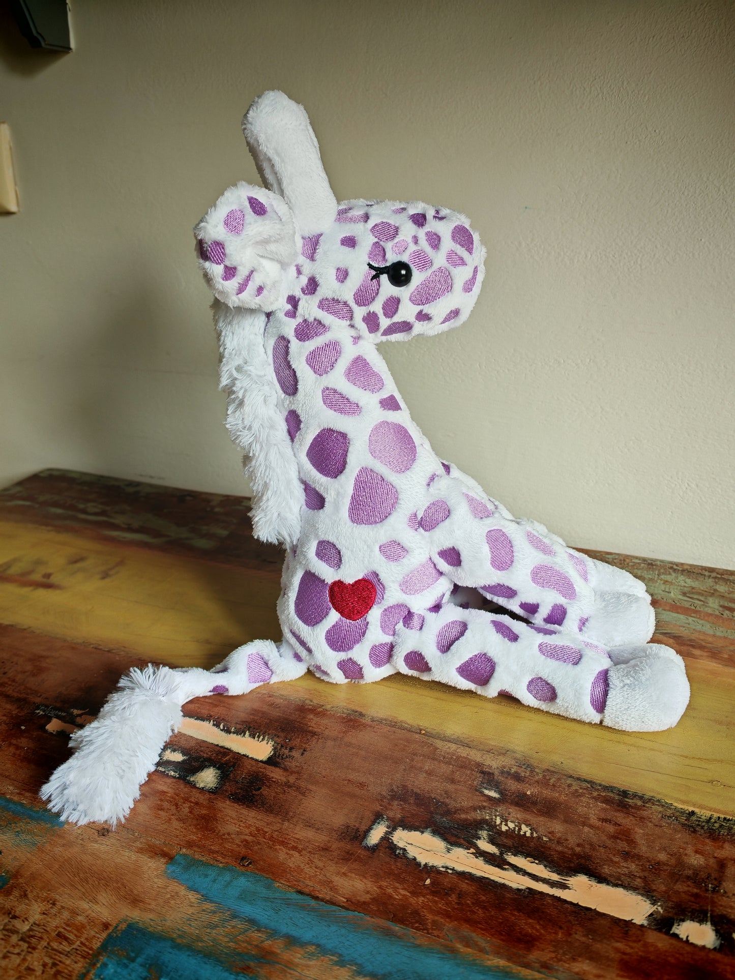 Handmade Giraffe Plush Toy – 28cm Soft Stuffed Animal with Embroidered Patches – Giraffe Calf - Custom Baby Gift or Kids Plushie Toddler Safe & Collectible / White-Purple