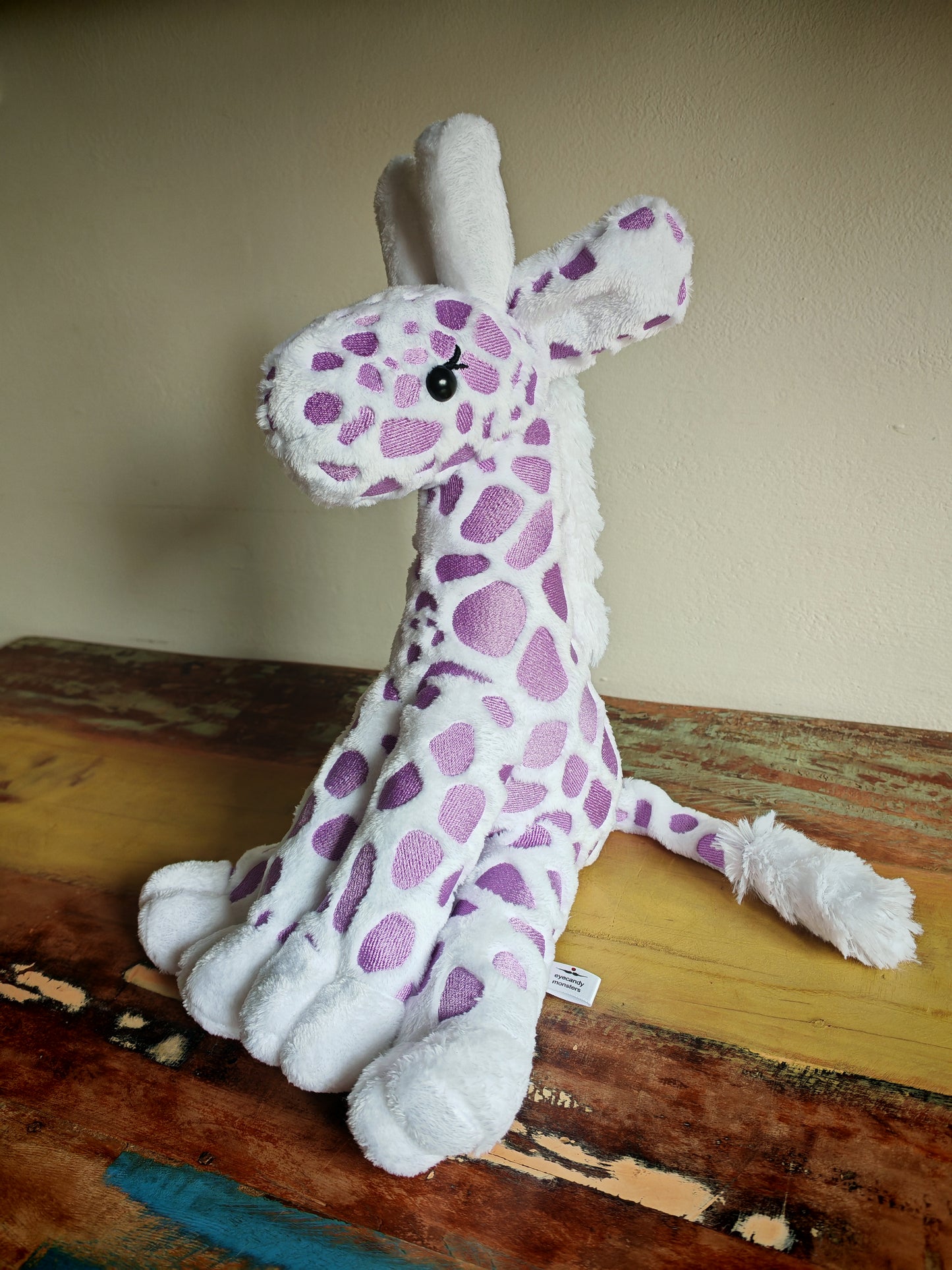 Handmade Giraffe Plush Toy – 28cm Soft Stuffed Animal with Embroidered Patches – Giraffe Calf - Custom Baby Gift or Kids Plushie Toddler Safe & Collectible / White-Purple